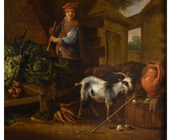 Cortile con natura morta di animali e frutta, Adriaen de Gryef (Leida 1657 - Bruxelles 1722) Firmato 'A Gryeff f’(ecit) - al centro sulla sinistra