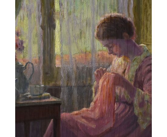 QUADRI ANTICHI, RITRATTI DI DONNA CHE CUCE DAVANTI LA FINESTRA, METÀ DEL NOVECENTO. (QR576)