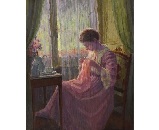 QUADRI ANTICHI, RITRATTI DI DONNA CHE CUCE DAVANTI LA FINESTRA, METÀ DEL NOVECENTO. (QR576)