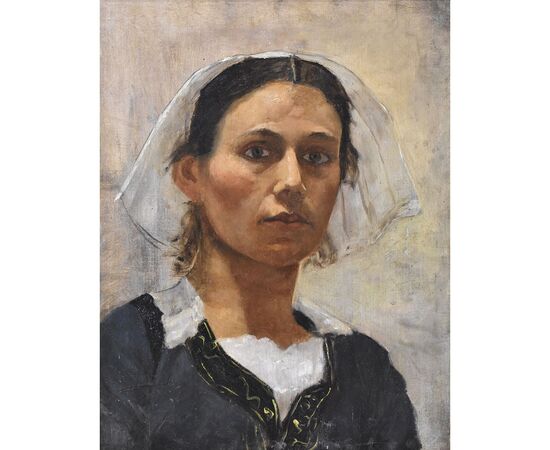 DIPINTI ANTICHI, RITRATTI DI DONNA BRETONE, GIOVANE RAGAZZA, FINE DELL 800. (QR572)