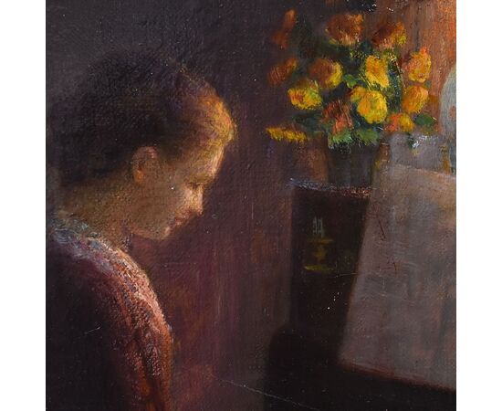 QUADRI ANTICHI, RITRATTI DI DONNA AL PIANOFORTE, METÀ DEL NOVECENTO. (QR574)