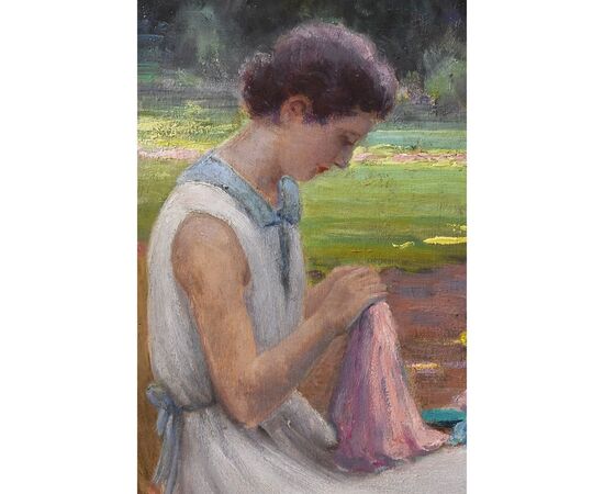 QUADRI ANTICHI, RITRATTI DI DONNA CHE CUCE IN GIARDINO, METÀ DEL NOVECENTO. (QR577)