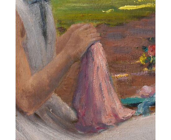 QUADRI ANTICHI, RITRATTI DI DONNA CHE CUCE IN GIARDINO, METÀ DEL NOVECENTO. (QR577)