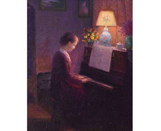 QUADRI ANTICHI, RITRATTI DI DONNA AL PIANOFORTE, METÀ DEL NOVECENTO. (QR574)