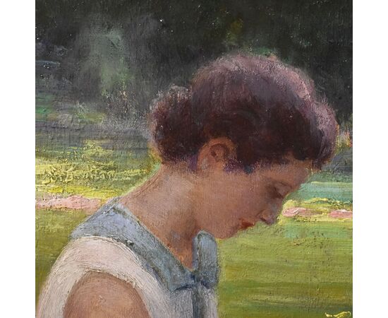 QUADRI ANTICHI, RITRATTI DI DONNA CHE CUCE IN GIARDINO, METÀ DEL NOVECENTO. (QR577)
