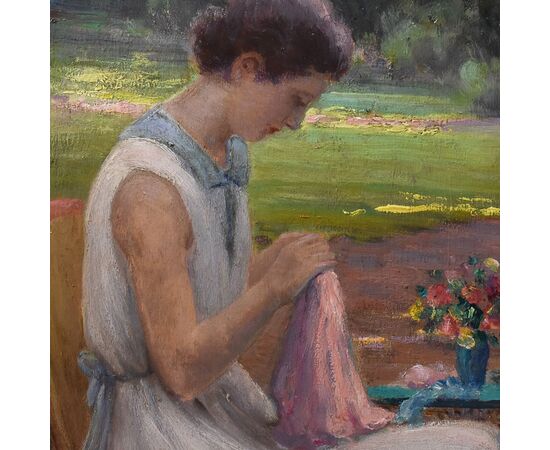QUADRI ANTICHI, RITRATTI DI DONNA CHE CUCE IN GIARDINO, METÀ DEL NOVECENTO. (QR577)