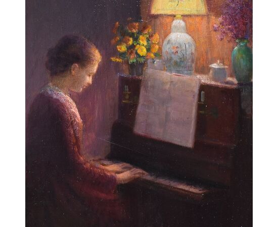 QUADRI ANTICHI, RITRATTI DI DONNA AL PIANOFORTE, METÀ DEL NOVECENTO. (QR574)