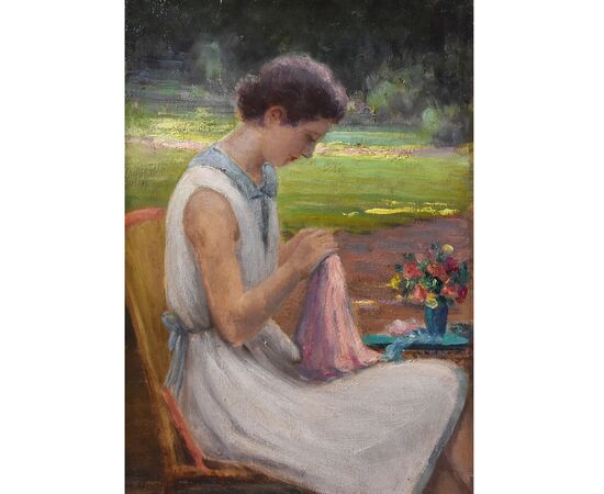 QUADRI ANTICHI, RITRATTI DI DONNA CHE CUCE IN GIARDINO, METÀ DEL NOVECENTO. (QR577)