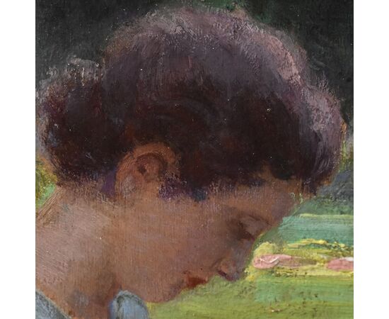 QUADRI ANTICHI, RITRATTI DI DONNA CHE CUCE IN GIARDINO, METÀ DEL NOVECENTO. (QR577)