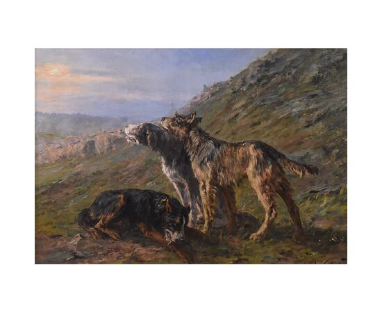 QUADRO ANTICO DI CANI PASTORI, MARIE CALVES,  DIPINTI DI CANI, XX SECOLO. (QA585)
