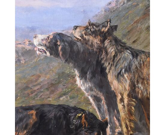 QUADRO ANTICO DI CANI PASTORI, MARIE CALVES,  DIPINTI DI CANI, XX SECOLO. (QA585)