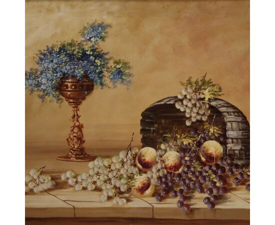 Signed painting still life with flowers and fruit from the 20th century