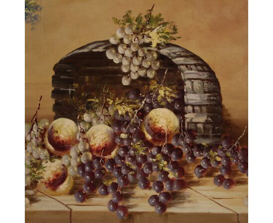 Signed painting still life with flowers and fruit from the 20th century