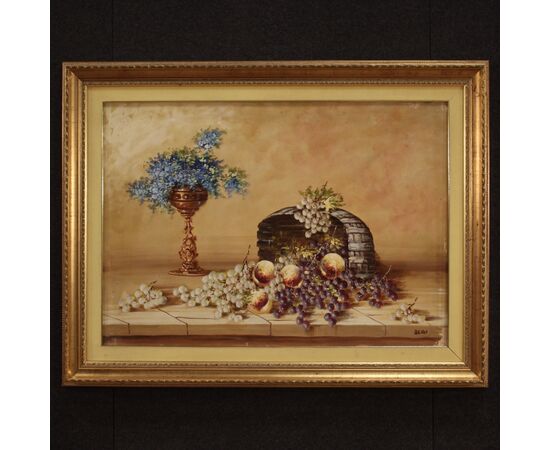 Signed painting still life with flowers and fruit from the 20th century