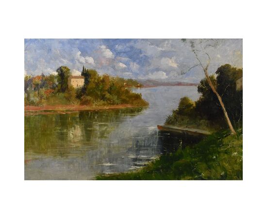 QUADRO ANTICO PAESAGGIO, OLIO SU TELA, PAESAGGIO CON FIUME, XX SECOLO. (QP586)