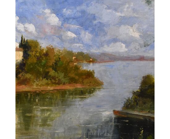 QUADRO ANTICO PAESAGGIO, OLIO SU TELA, PAESAGGIO CON FIUME, XX SECOLO. (QP586)