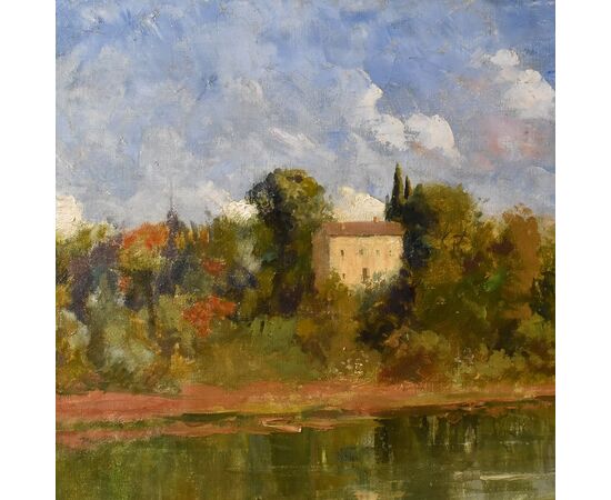 QUADRO ANTICO PAESAGGIO, OLIO SU TELA, PAESAGGIO CON FIUME, XX SECOLO. (QP586)