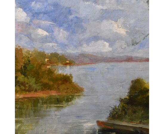 QUADRO ANTICO PAESAGGIO, OLIO SU TELA, PAESAGGIO CON FIUME, XX SECOLO. (QP586)