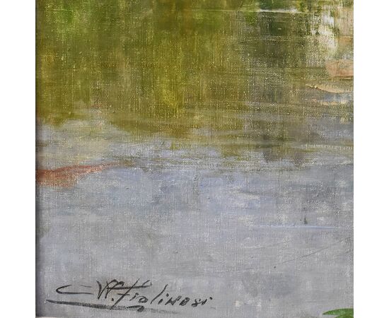 QUADRO ANTICO PAESAGGIO, OLIO SU TELA, PAESAGGIO CON FIUME, XX SECOLO. (QP586)