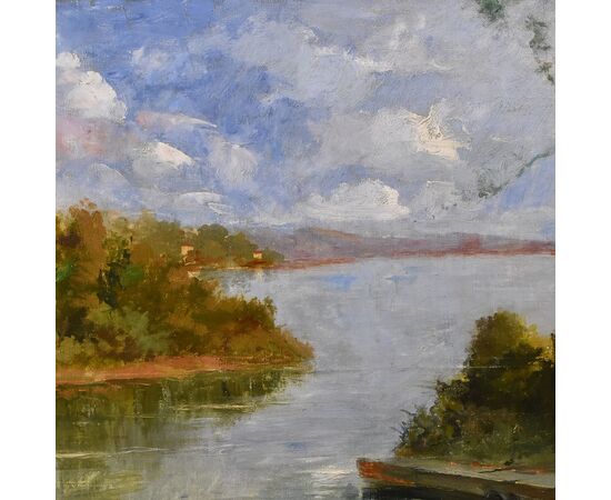 QUADRO ANTICO PAESAGGIO, OLIO SU TELA, PAESAGGIO CON FIUME, XX SECOLO. (QP586)