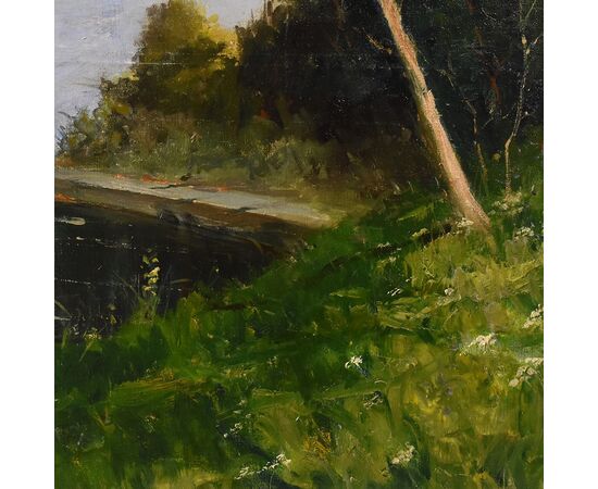 QUADRO ANTICO PAESAGGIO, OLIO SU TELA, PAESAGGIO CON FIUME, XX SECOLO. (QP586)