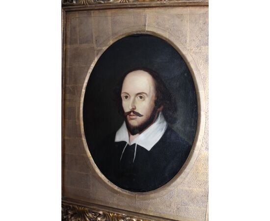 Antico Dipinto olio su tela Shakespeare in Cornice cartapesta e foglia oro . Mis 85 x 73