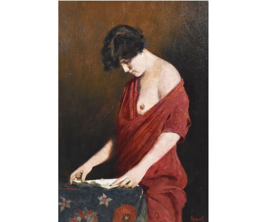 DIPINTI ANTICHI, RITRATTI DI DONNA CHE LEGGE CON SENO SCOPERTO, OLIO SU TELA, FINE DELL 800.  (QR589)