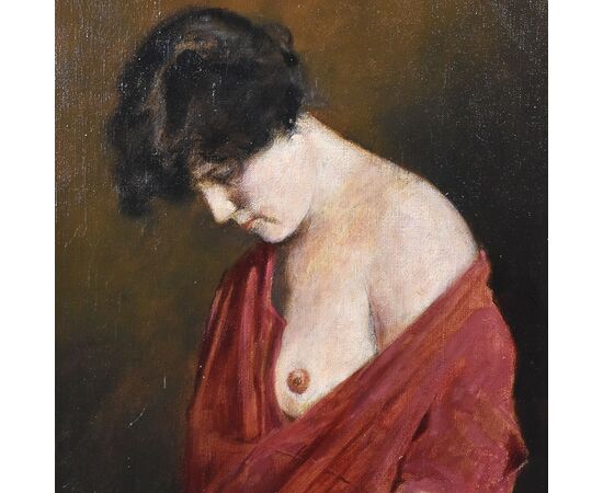 DIPINTI ANTICHI, RITRATTI DI DONNA CHE LEGGE CON SENO SCOPERTO, OLIO SU TELA, FINE DELL 800.  (QR589)