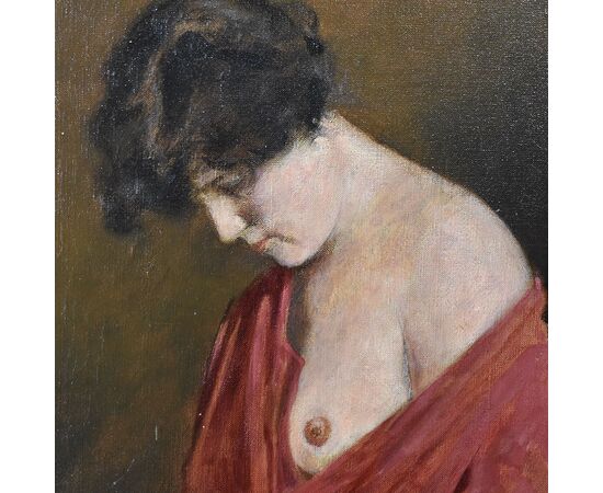 DIPINTI ANTICHI, RITRATTI DI DONNA CHE LEGGE CON SENO SCOPERTO, OLIO SU TELA, FINE DELL 800.  (QR589)