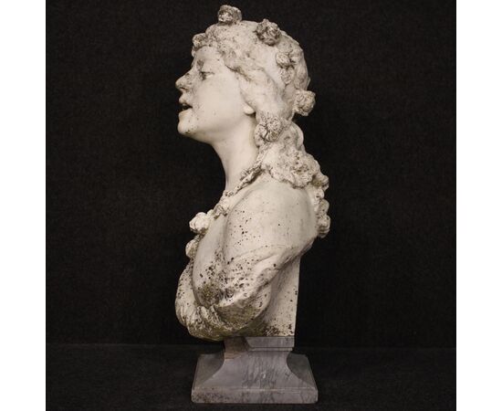 Marble sculpture signed girl adorned with garlands of flowers