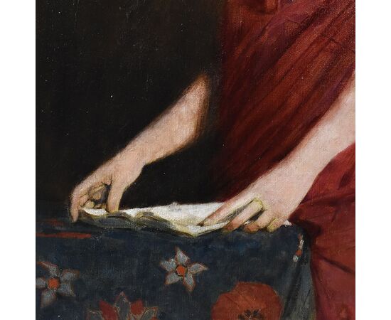DIPINTI ANTICHI, RITRATTI DI DONNA CHE LEGGE CON SENO SCOPERTO, OLIO SU TELA, FINE DELL 800.  (QR589)