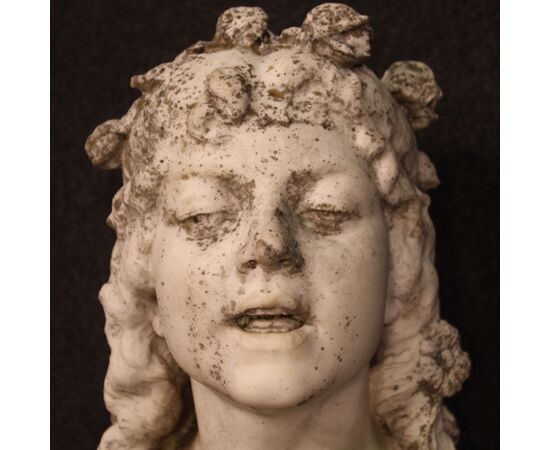 Marble sculpture signed girl adorned with garlands of flowers