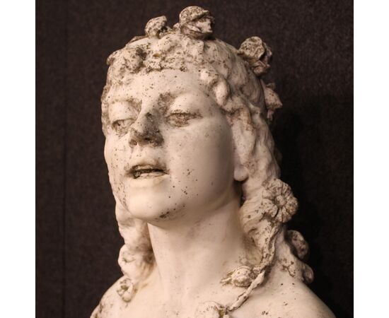 Marble sculpture signed girl adorned with garlands of flowers