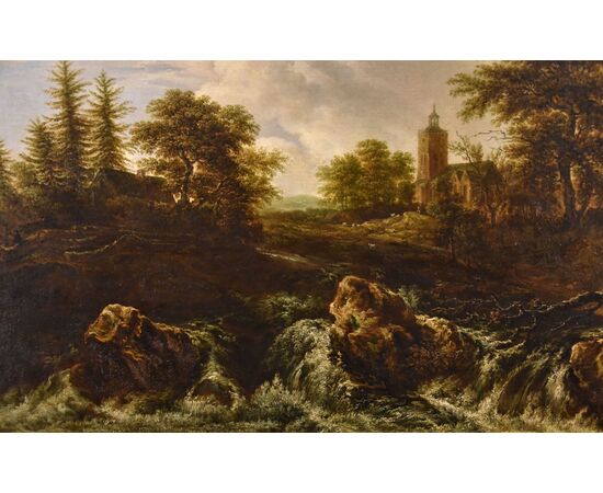 Paesaggio boscoso con cascata, Jacob van Ruisdael (Haarlem 1628 - Amsterdam 1682) attribuibile