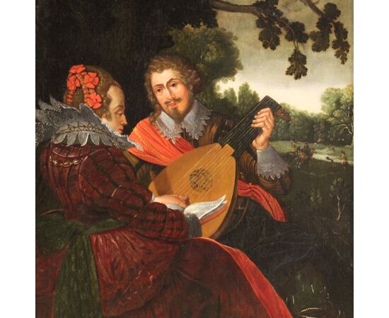 Flemish painting with Musicians oil on panel from the 17th century