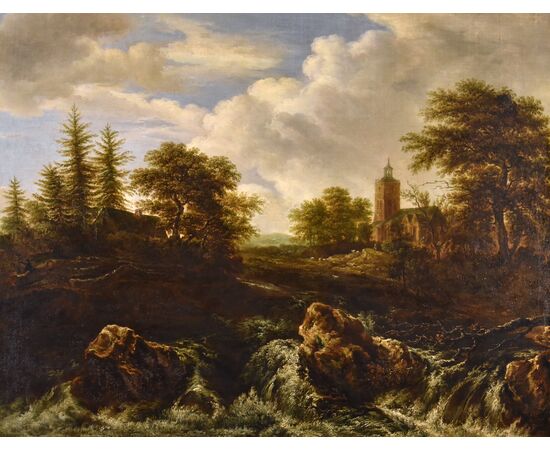 Paesaggio boscoso con cascata, Jacob van Ruisdael (Haarlem 1628 - Amsterdam 1682) attribuibile