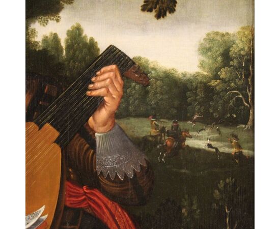 Flemish painting with Musicians oil on panel from the 17th century