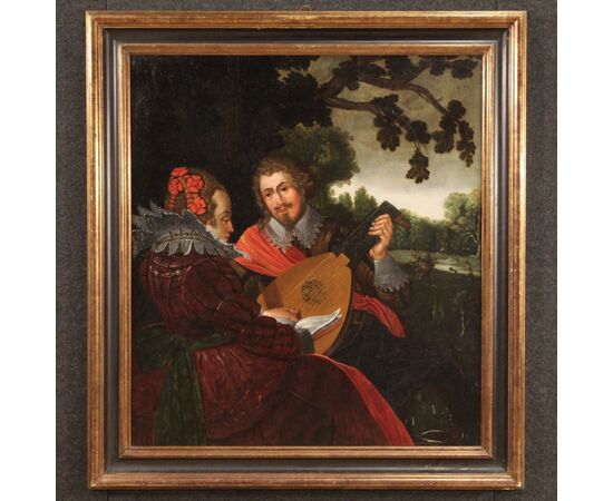 Flemish painting with Musicians oil on panel from the 17th century