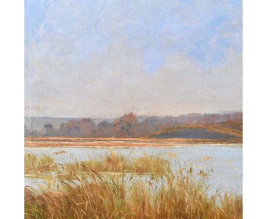 DIPINTI ANTICHI PAESAGGI, PAESAGGIO CON FIUME E VILLAGGIO, OLIO SU TELA, XIX SECOLO. (QP591)   