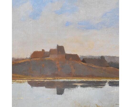 DIPINTI ANTICHI PAESAGGI, PAESAGGIO CON FIUME E VILLAGGIO, OLIO SU TELA, XIX SECOLO. (QP591)   