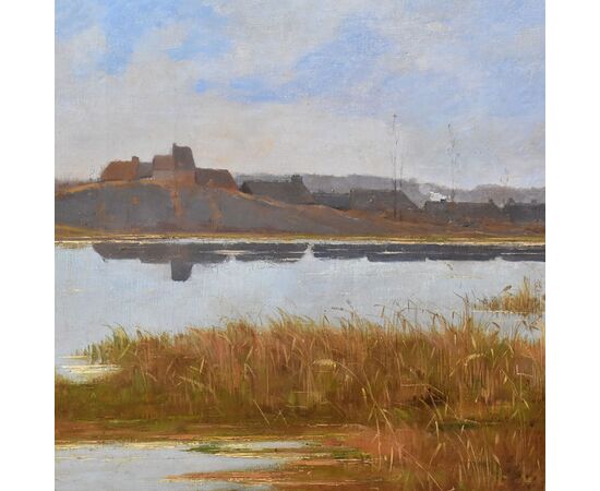 DIPINTI ANTICHI PAESAGGI, PAESAGGIO CON FIUME E VILLAGGIO, OLIO SU TELA, XIX SECOLO. (QP591)   