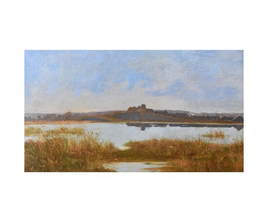 DIPINTI ANTICHI PAESAGGI, PAESAGGIO CON FIUME E VILLAGGIO, OLIO SU TELA, XIX SECOLO. (QP591)   