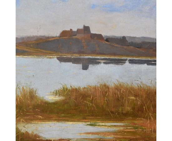 DIPINTI ANTICHI PAESAGGI, PAESAGGIO CON FIUME E VILLAGGIO, OLIO SU TELA, XIX SECOLO. (QP591)   