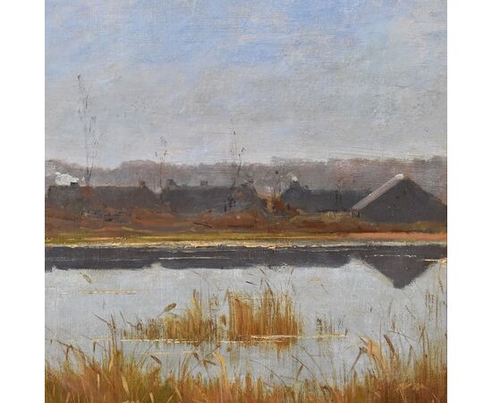 DIPINTI ANTICHI PAESAGGI, PAESAGGIO CON FIUME E VILLAGGIO, OLIO SU TELA, XIX SECOLO. (QP591)   