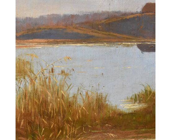 DIPINTI ANTICHI PAESAGGI, PAESAGGIO CON FIUME E VILLAGGIO, OLIO SU TELA, XIX SECOLO. (QP591)   