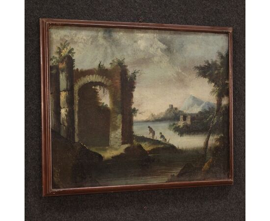 Painting oil on canvas landscape with ruins from the 18th century