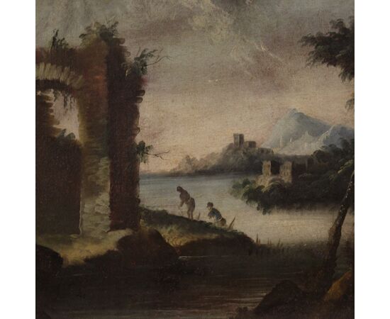 Painting oil on canvas landscape with ruins from the 18th century