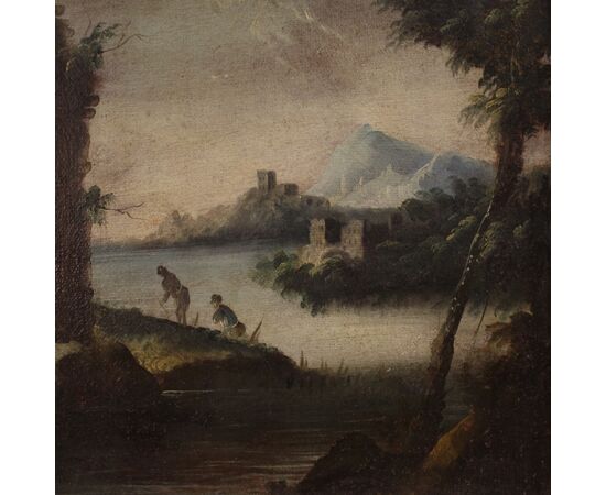 Painting oil on canvas landscape with ruins from the 18th century