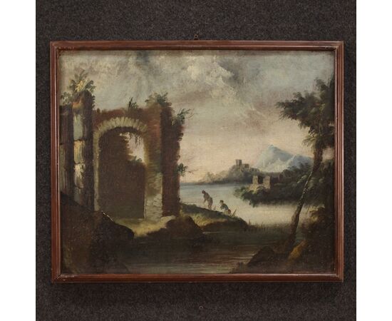 Painting oil on canvas landscape with ruins from the 18th century