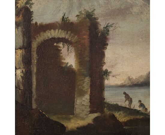 Painting oil on canvas landscape with ruins from the 18th century